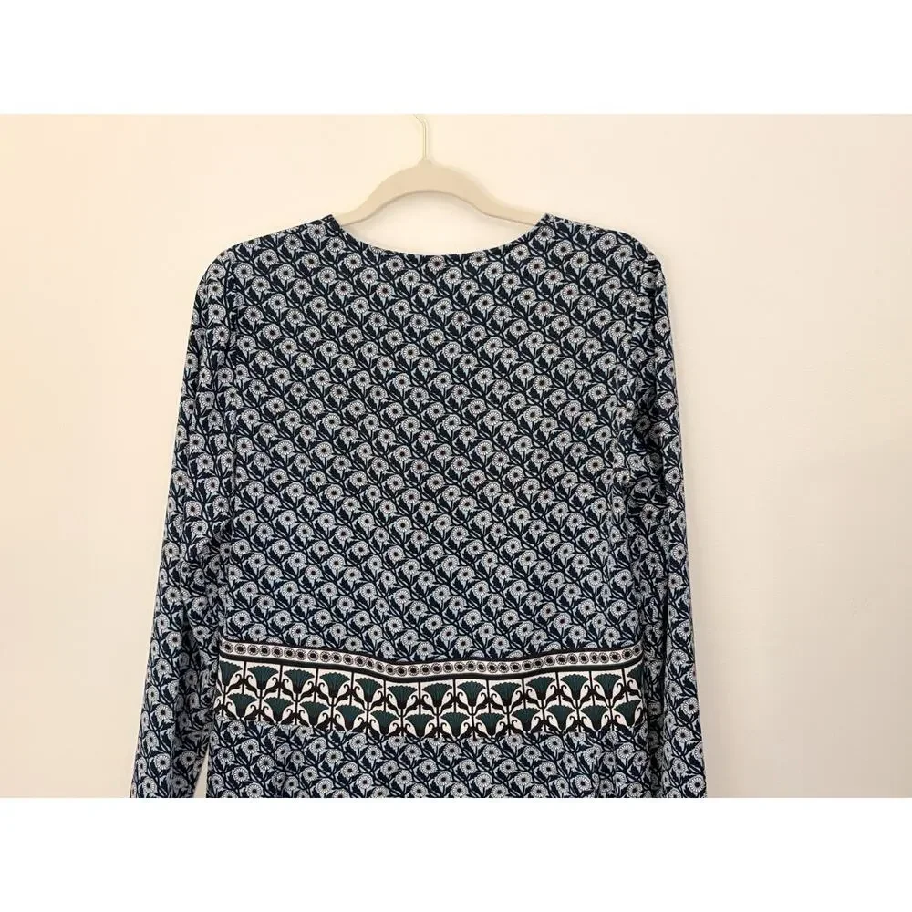 Tory Burch Long Sleeve Dress Goemetric/Floral Pattern Blue Green V-neck Size 6